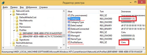 изменяем тип сети в Windows 8 через реестр