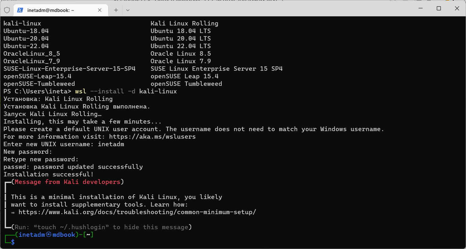 Терминал Kali Linux, запущенный в Windows 11