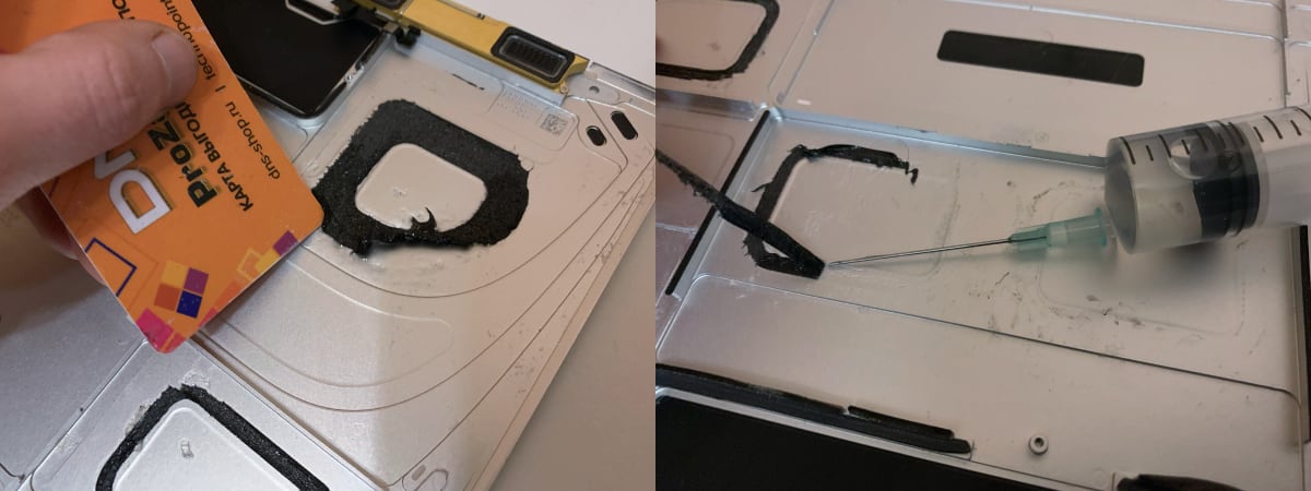 Процесс удаления остатков клея с крышки корпуса ноутбука