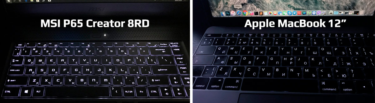 сравение подсветки клавиатуры MSI P65 Creator 8RD и MacBook 12