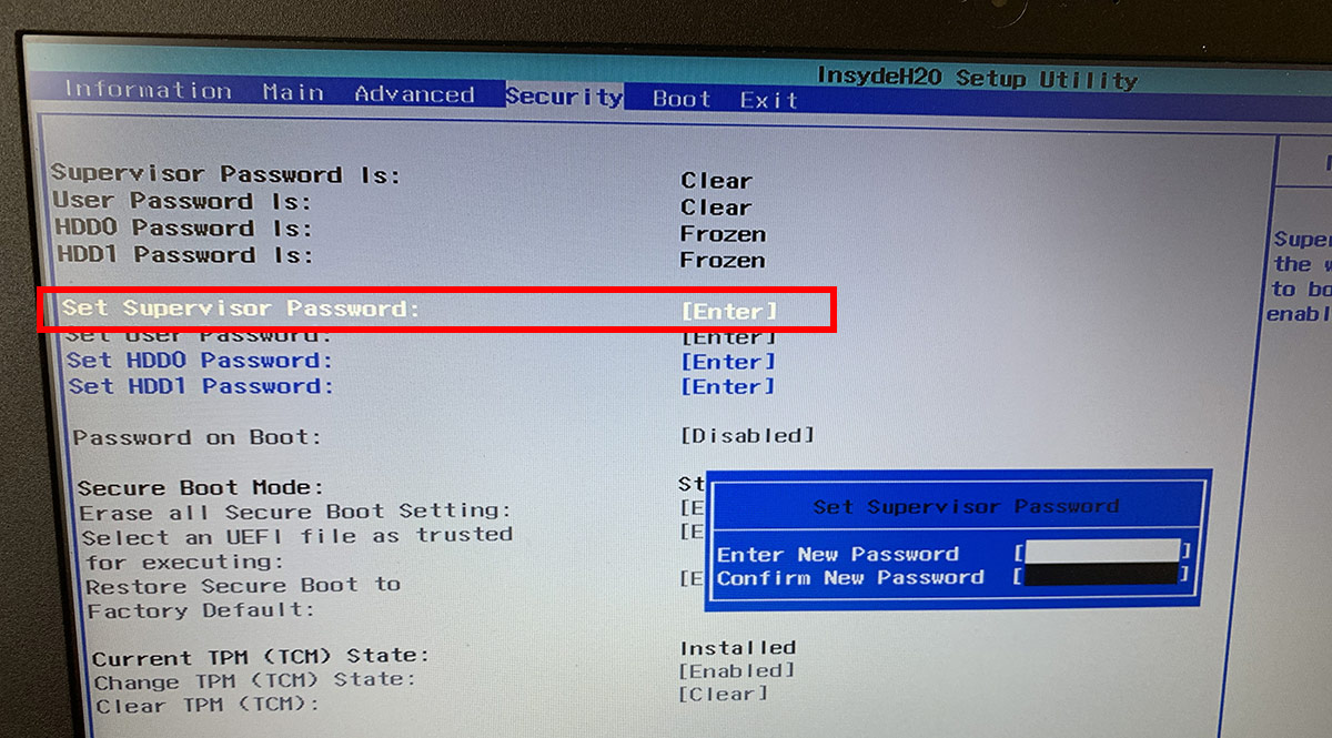 Устанавливаем пароль супервизова в биос Set Supervisor Password